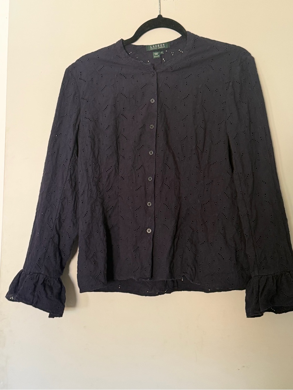 Lauren Ralph Lauren Navy Eyelet Button-Front Romantic Whimsical Blouse